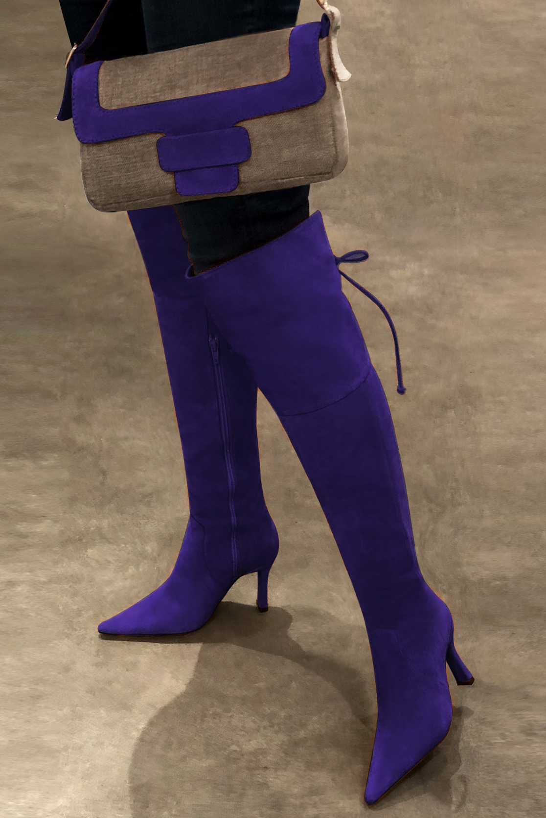 Violet purple women's leather thigh-high boots. Pointed toe. Very high spool heels. Made to measure. Worn view - Florence KOOIJMAN